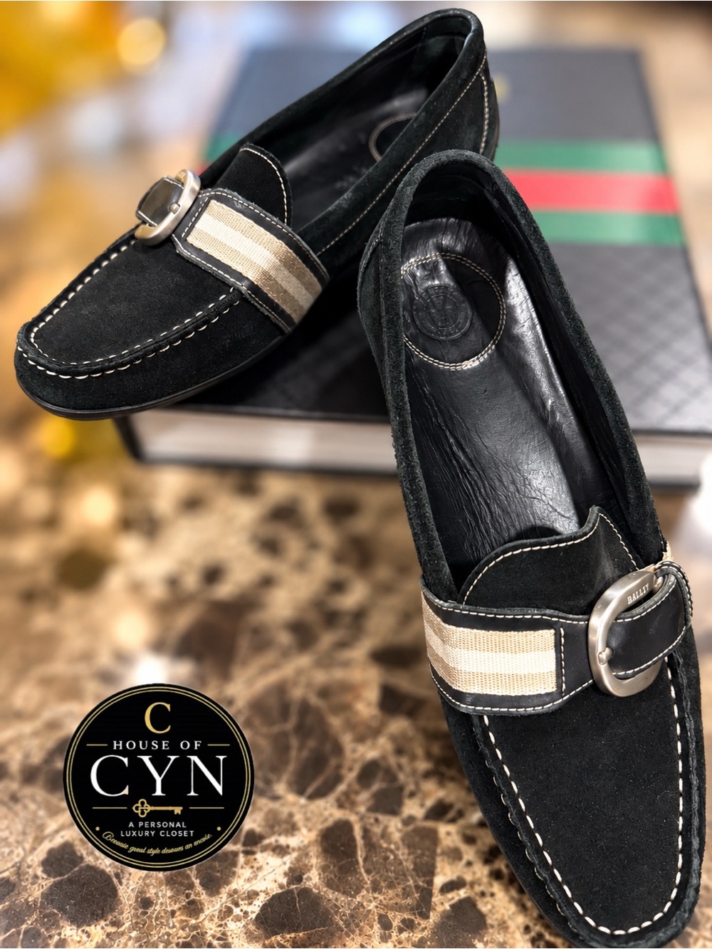 Bally Black Suede Web Stripe Buckle Loafers, EU 39.5